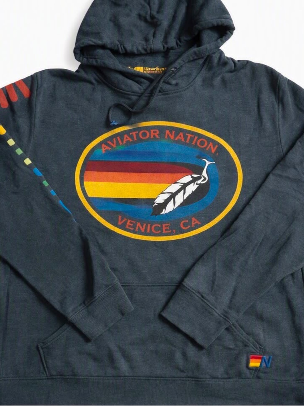 Aviator Nation Navy Hoodie with Multicolor Retro Stripe/Feather Logo - Size XXL